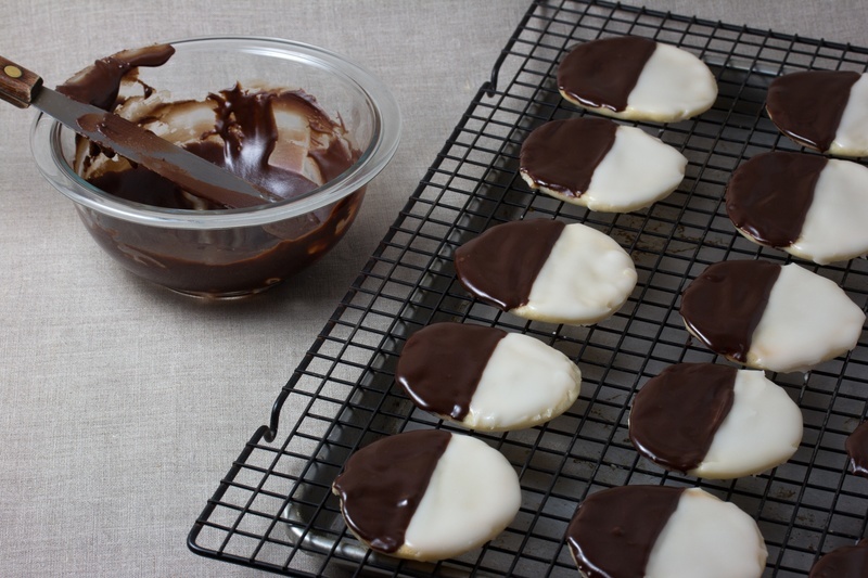 Vegan black and white cookies glazed with chocolate icing