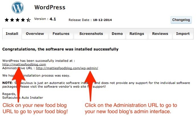 How to start a food blog - note WordPress url and administrator url